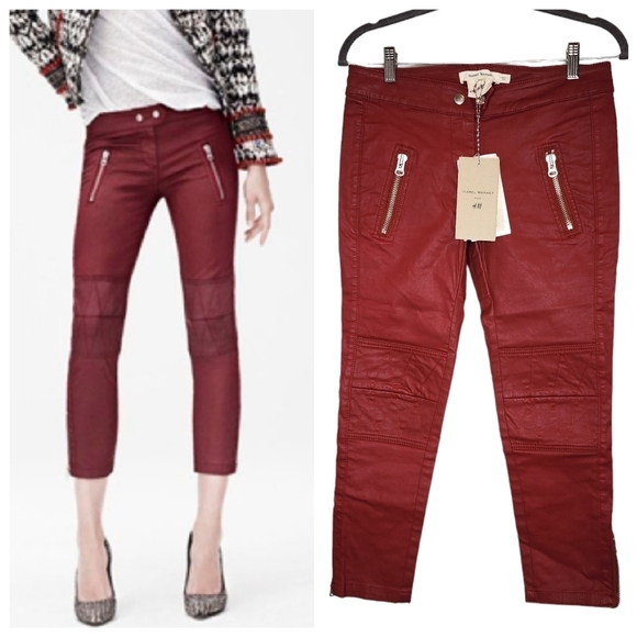 NWT Isabel Marant for H&M Red Moto coated skinny jeans. Women's size 6. - Picture 1 of 15